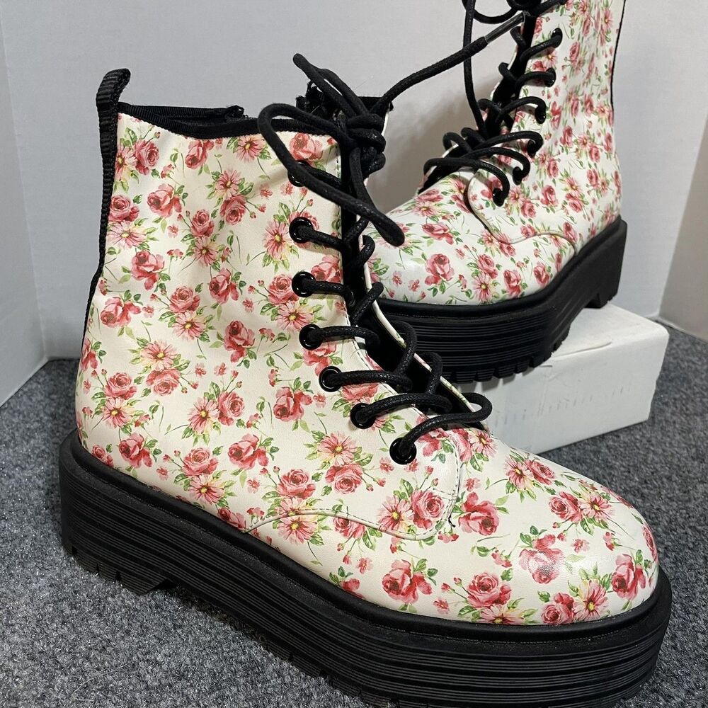 Floral Combat Boots Womens Size 7 White Pink Platform Lace Up Ankle Chunky